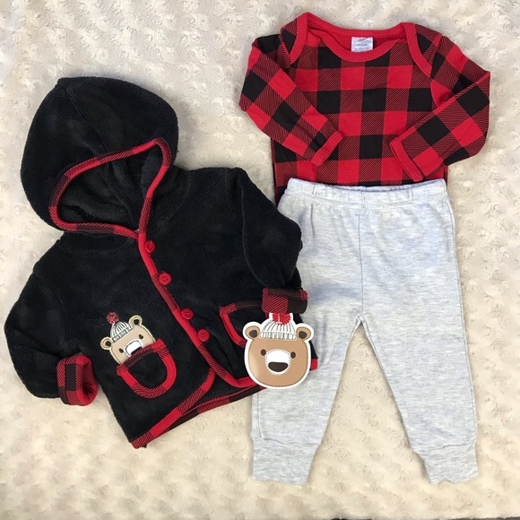 Carters Baby Boy Bodysuit Pant three piece set outfit red plaid 12 months NWT